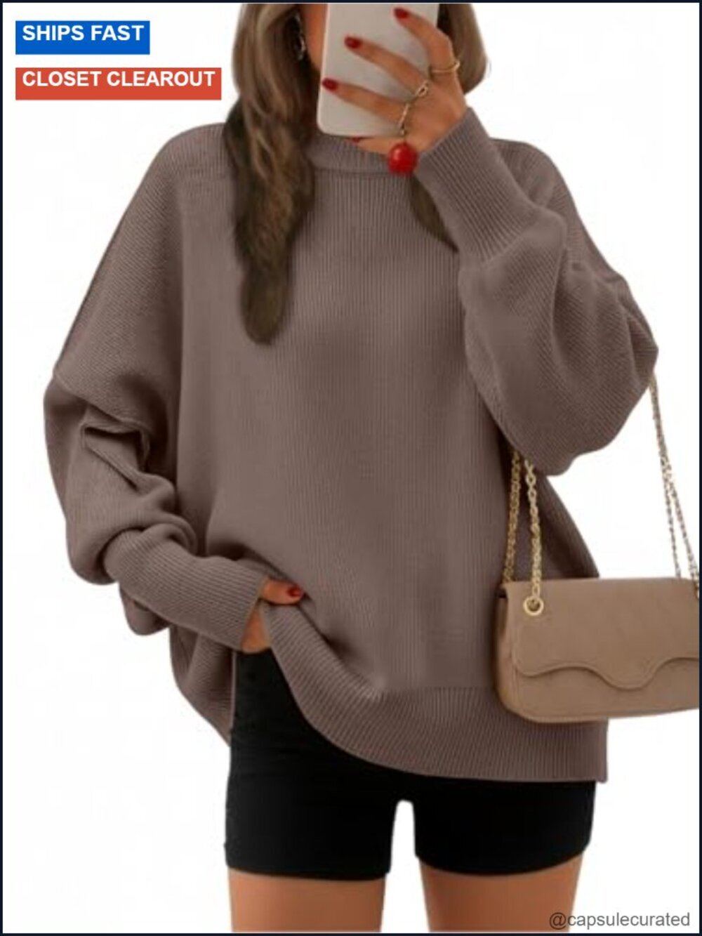 Oversized Chunky Knit Batwing Sleeve Crewneck Sweater Pullover